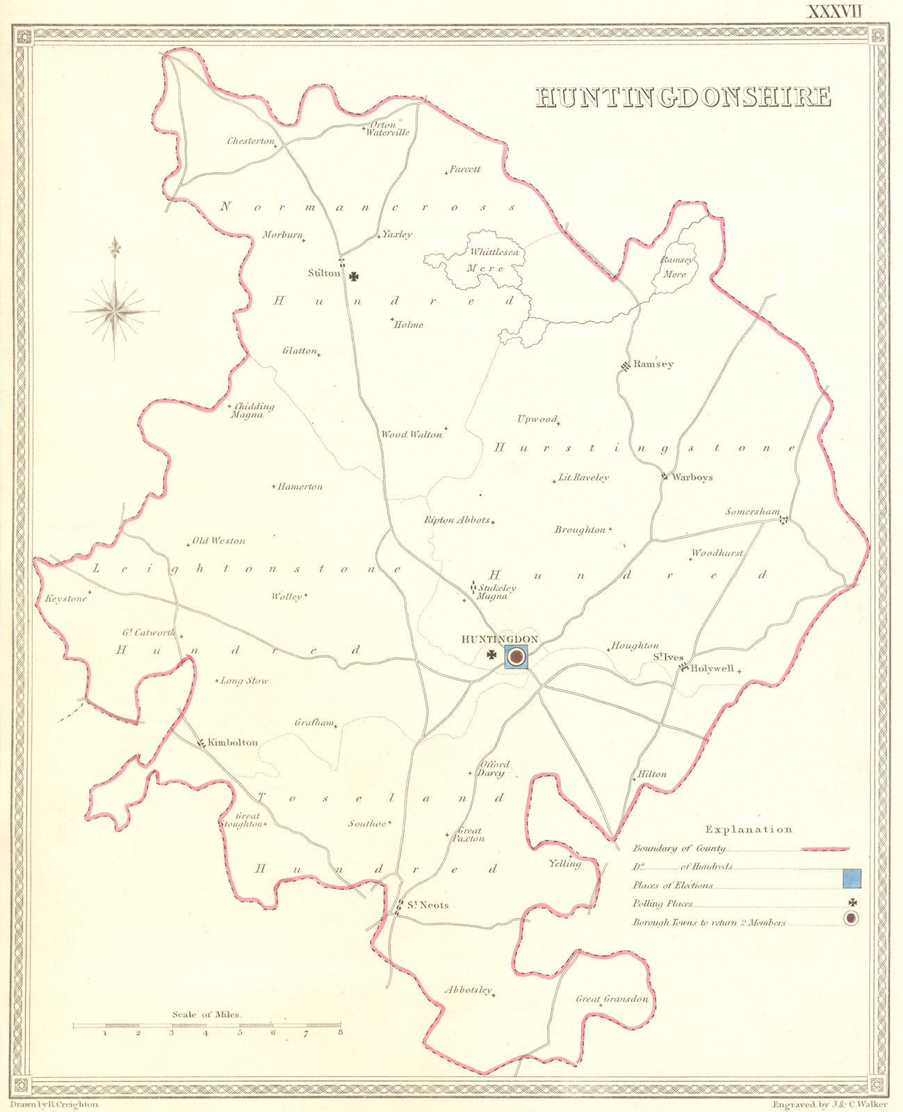 HUNTS. Huntingdonshire. Creighton Walker 1835 old antique map plan chart
